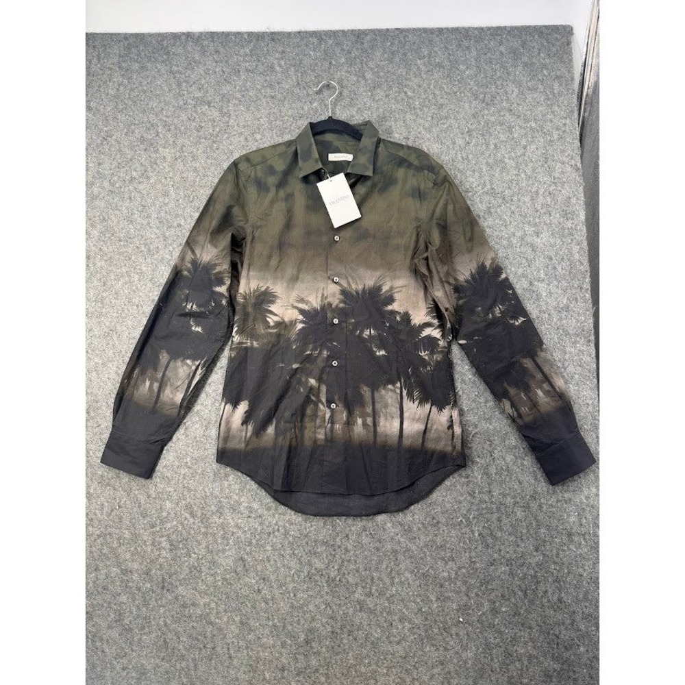 Valentino Mens Palm Tree Print Button Down Shirt Olive Green Charcoal Italy NEW
